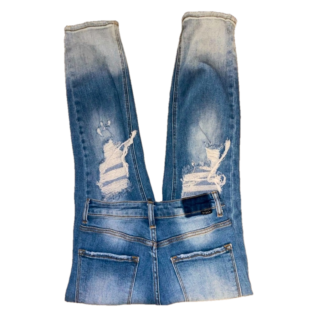 RISEN Jeans Distressed Two Tone Denim Straight Women Size 3 Boho Stretch Edgy - Picture 2 of 12